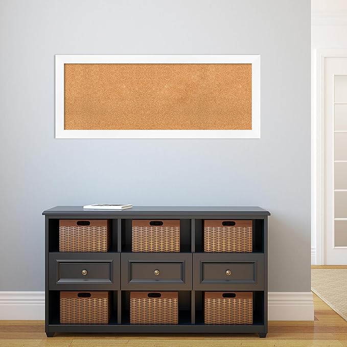 Amanti Art Natural Cork Board for Wall, 19x47 Vision Board with White Frame, Oversize Corkboard Office Decor for Home Organization, Modern Corkboard Pinboard to Display Items for Home Organization in