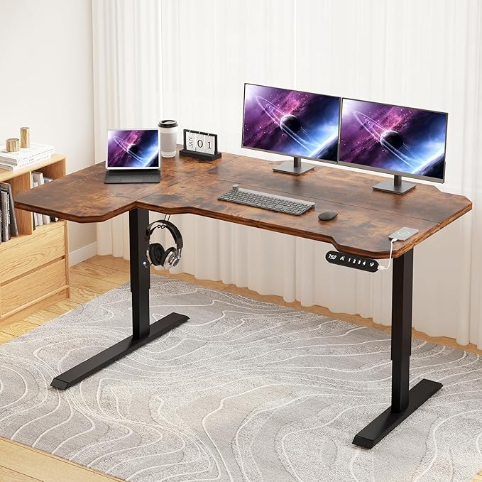 Electric Height Adjustable Standing Desk, 59 L-Shaped Sit - Stand Desk for Work or Home Office Push Button Memory Settings Brown Splice Board/Black Frame