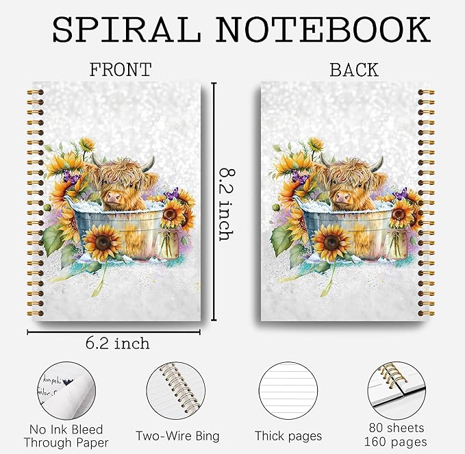 Highland Cow Notebook Journal - Sunflower Notebook, Summer Sunflower Journal Notebook 5.5×8.3, Highland Cow Gifts, Cow Gifts for Women, 164 Pages