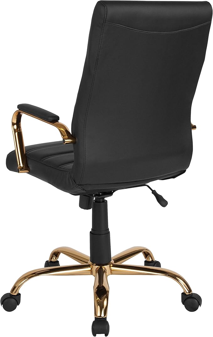 Flash Furniture Whitney High-Back Swivel LeatherSoft Desk Chair with Padded Seat and Armrests, Adjustable Height Padded Office Chair, Black/Gold