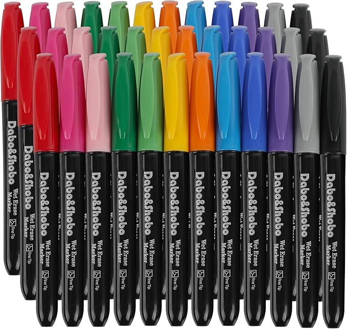 Dabo&Shobo Wet Erase Markers, 36-Count Smudge-Free, 12 Colors Fine Tip, Erases with Water! Low Odor Markers for Office, School & Home