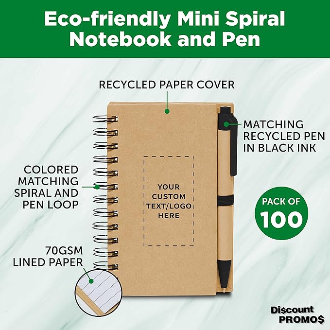 Custom Mini Spiral Notebooks with Black Ink Pens Set of 100, Personalized Bulk Pack - Perfect for School, Office, Business, Home - Black
