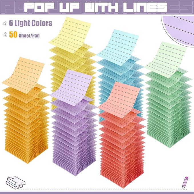 24 Pack Pop Up Sticky Notes 3 x 3 Refills 1200 Sheets Colored Sticky Notes Self Adhesive Memo Pads for Home Office Supplies(Light Colors, Line)