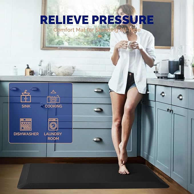 FEATOL 2 Packs Anti Fatigue Mats Thick Cushioned Standing Desk Mat Office, Ergonomic Kitchen Mats Set of 2, Memory Foam Comfort Floor Mat Padded Foam Rugs, Stain Resistant, Non-Slip (20" x 32", Black)