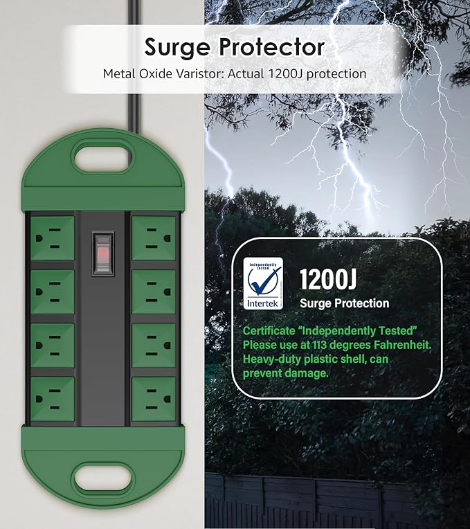 CCCEI Outdoor Power Strip Weatherproof with 8 Plug, Waterproof Extension Cord with Multiple Outlets, Christmas Exterior Garden Yard Surge Protector 6FT, Green.