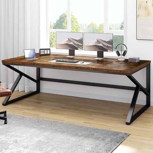 HSH Large Rustic Brown Computer Desk, 70 Inch Home Office Metal Wood Desk for 2 Person, Farmhouse Extra Long Writing Study Gaming Table, Bedroom Living Room PC Laptop Dual Monitor Desk