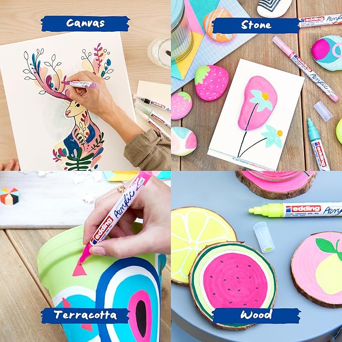 Edding Start Easy Set - Acrylic Paint Pens, Waterproof; Fine and Medium Nib, Incl. Postcard Pad - Set of 8 Pens - Nordic - For Canvas, Wood, Rock Painting