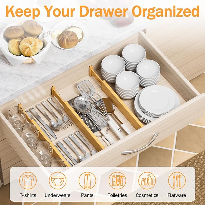 BAMBUROBA Bamboo Drawer Dividers, Adjustable Expandable Drawer Organization Separators - 17-22" for Bedroom, Bathroom, Dresser and Office - 8-Pack