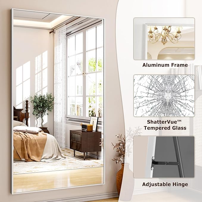 Full Length Mirror with Stand 38"x77" Full Body Mirror Floor Mirror Standing Hanging or Leaning Wall, Wall Mirror with Stand Aluminum Alloy Frame for Living Room Bedroom Cloakroom,Silver