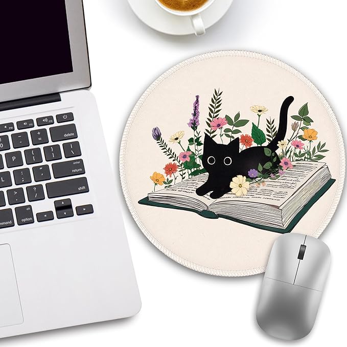 Book Black Cat Floral Flowers Mouse Pad, Small Round Mousepads for Desk, Mini Travel Mouse Mat for Wireless Computer Laptop, Work Office Desk Accessories, 8.6 x 8.6 inch