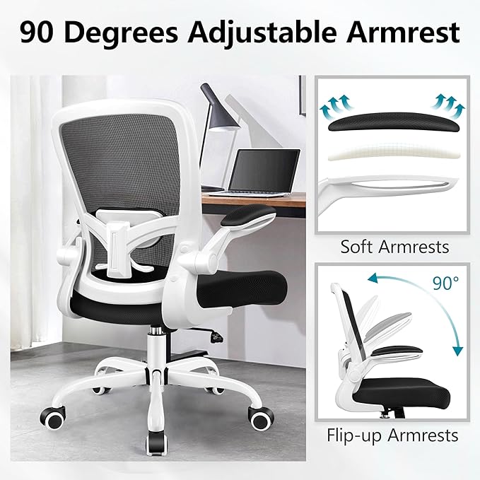 FelixKing Office Chair, Ergonomic Desk Chair Breathable Mesh Chairs with Adjustable High Back Lumbar Support Flip-up Armrests, Executive Swivel Comfy Task Computer Chairs for Home Office White