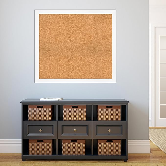 Amanti Art Natural Cork Board for Wall, 35x39 Vision Board with White Frame, X-Large Corkboard Office Decor for Home Organization, Modern Corkboard Pinboard to Display Items for Home Organization in