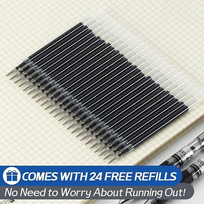 deli Gel Pens, 36 Pcs Retractable Black Ink, 12 Pens with 24 Refills，Medium Point Pen 0.7mm, Smooth Writing, Fast Dry, No Bleed for Journaling Note Taking, Home School Office Supplies