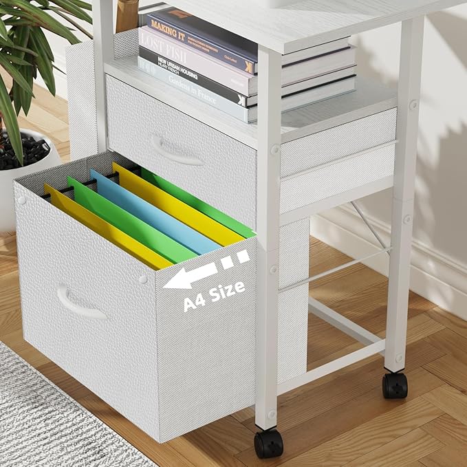 2 Fabric Drawer File Cabinet with 24'' Extended Desktop, Mobile Filing Cabinet, Rolling File Cabinet with Side Bag, Fits A4 Size, Home Office, White