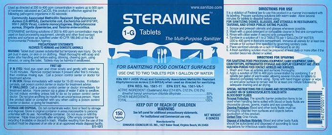 6 Bottles Steramine Sanitizer Tablet w/ 15 QT-10 Test Strip, Multi Purpose Steramine Sanitizing Tab for Food Contact Surface, Kitchen, Restaurant, Diner & Food Service by FryOilSaver Co. (900 Tablets)