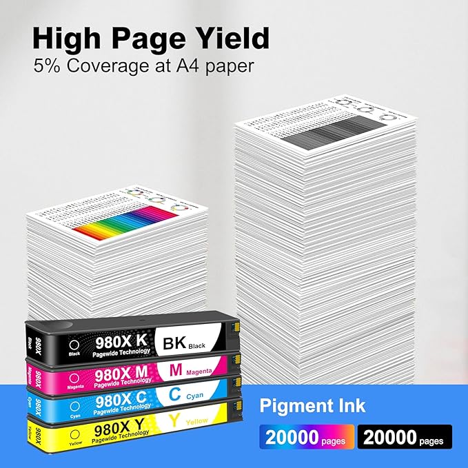 980 980X Remanufactured Ink Cartridge Replacement for 980X for HP Officejet Enterprise Color X555dn X585f X555xh Flow X585z MFP X585F X585dn Printer (1 BK 1 C 1 M 1 Y)-4pk