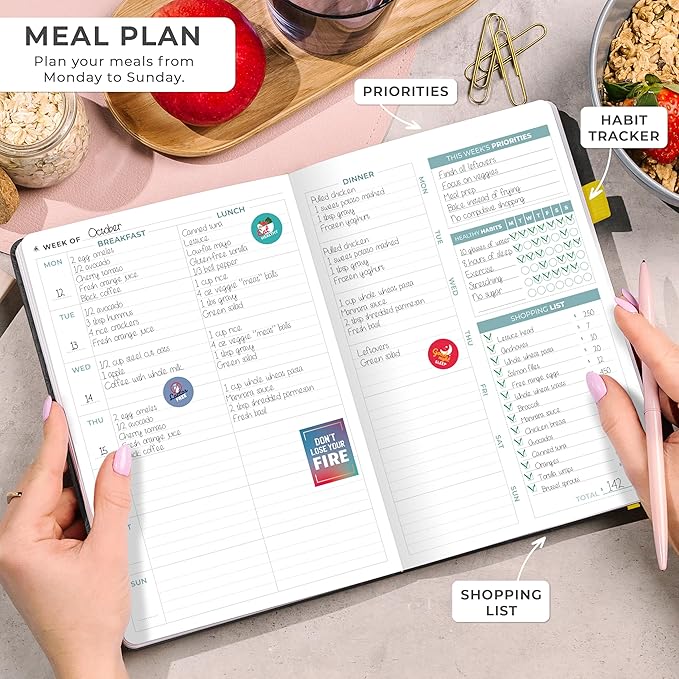 Clever Fox Weekly Meal Planner - Weekly & Daily Meal Prep Journal with Shopping and Grocery Lists for Menu Planning, Healthy Diet & Weight Loss Tracking, Lasts 1 Year, Undated, A5 - Black