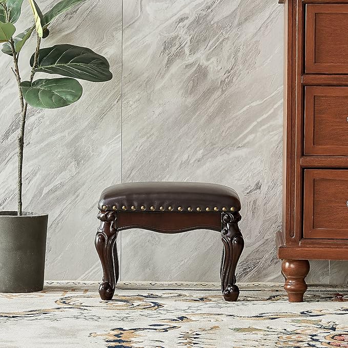 Foot Stool Ottoman Foot Rest Microfiber Leather Upholstered Footstool for Sofa, Living Room, Entryway, Solid Wood Stool (Black Brown)