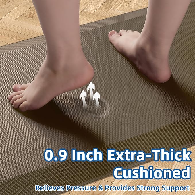 Anti Fatigue Kitchen Mats for Floor, Brown 9/10 Extra Thick Cushioned Standing Desk Mat, Comfort Memory Foam Ergonomic Kitchen Rugs and Mats Non-Slip Waterproof for Office, Kitchen, Sink, 20" x 32"
