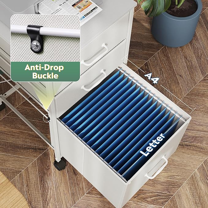 DEVAISE Mobile File Cabinet, Rolling Printer Stand with 3 Drawers, Fabric Vertical Filing Cabinet fits A4 or Letter Size for Home Office, White