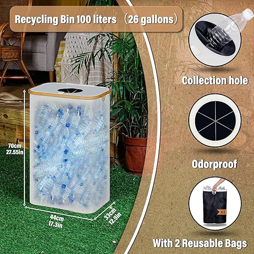 efluky Recycling Bin 100L, 26 Gallon Recycle Bins for Kitchen Indoor Outdoor Home with 2 Removeable and Reusable Inner Bag, Tall Recycle bin for Bottle Can Plastice Stickers (Beige)
