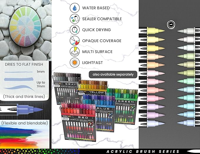 24 Flexible Brush Tip Acrylic Paint Pens Markers Set 1-7mm Line for Rock Painting, Brush Lettering, Glass, Mugs, Wood, Metal, Canvas, Fabric, Plastic Non Toxic Waterbased Quick Drying Assorted Pastel