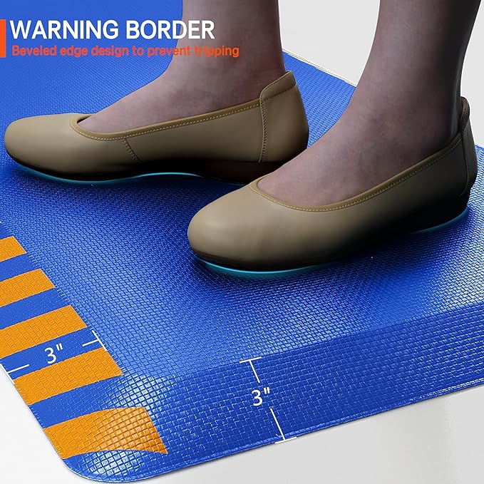 FEATOL Anti Fatigue Mat Industrial, Ergonomic Standing Floor Mat for Work for Stand, Blue with Yellow Border Safety 20" x 32"-Support for Leg & Back Pain