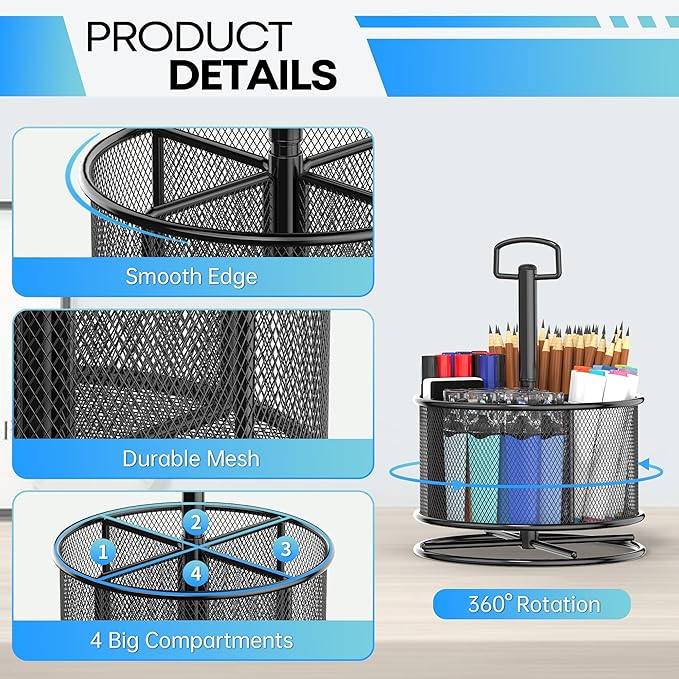 360-Degree Rotating Pen Holder for Desk, Mesh Pencil Organizer Multi-Functional Pen Holder, 4 Compartments Desktop Stationary Organizer, Home Office Black