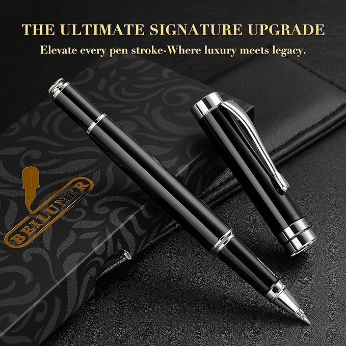 BEILUNER Ballpoint Pens, Stunning Black Chrome Ballpoint Pen with Silver Trim, Best Ball Pen Gift Set for Men & Women, Professional, Executive, Office, Fancy Pen-Gift Box With 0.5mm Extra Black Refill