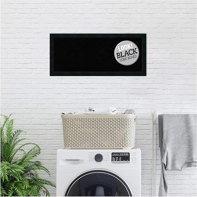 Amanti Art Black Cork Board for Wall, 14x32 Vision Board with Black Wood Frame, Medium Corkboard Office Decor for Home Organization, Modern Contemporary Corkboard Pinboard to display items for home
