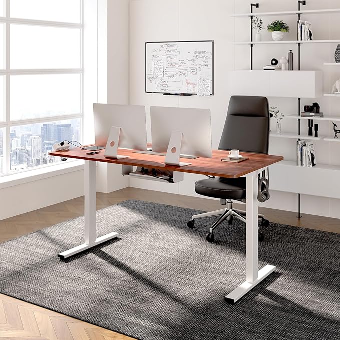 FLEXISPOT EN2 Whole-Piece Standing Desk with Clamp Power Strip, 48 x 24 Electric Stand Up Height Adjustable Desk with Cable Management (White Frame + 48" Mahogany Desktop, 2 Packages)