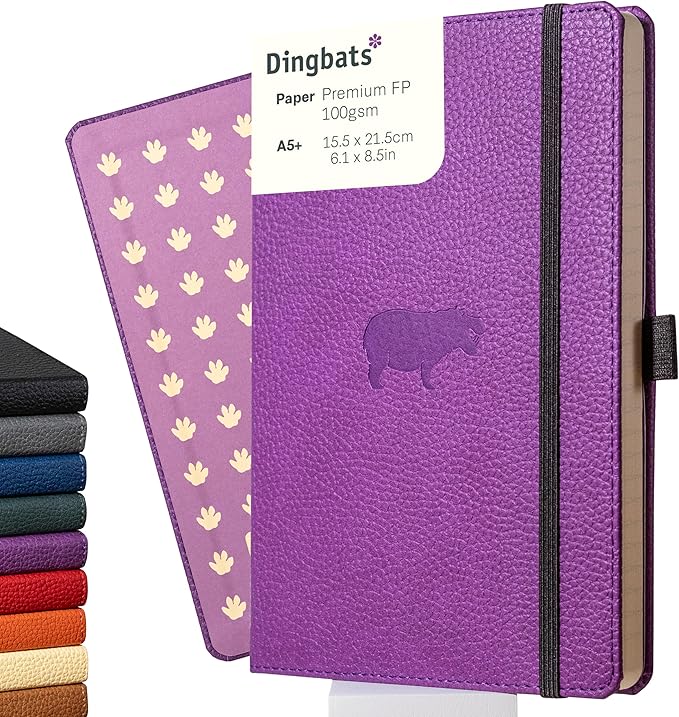 Dingbats* Wildlife Grid Writing Journal Notebook A5 - Vegan Leather Hardcover - Ideal for Work, Travel - Pocket, Elastic Closure, & Bookmark