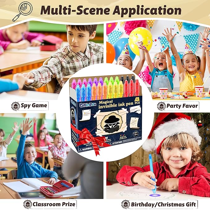 GIFTINBOX Invisible Ink Pens with UV light for Kids, Spy Pen Party Favors for Kids 8-12, 24Pack Invisible Ink Pen and Notebook, Magic Marker for Secret Message Birthday Party Favors for Kid 4-8