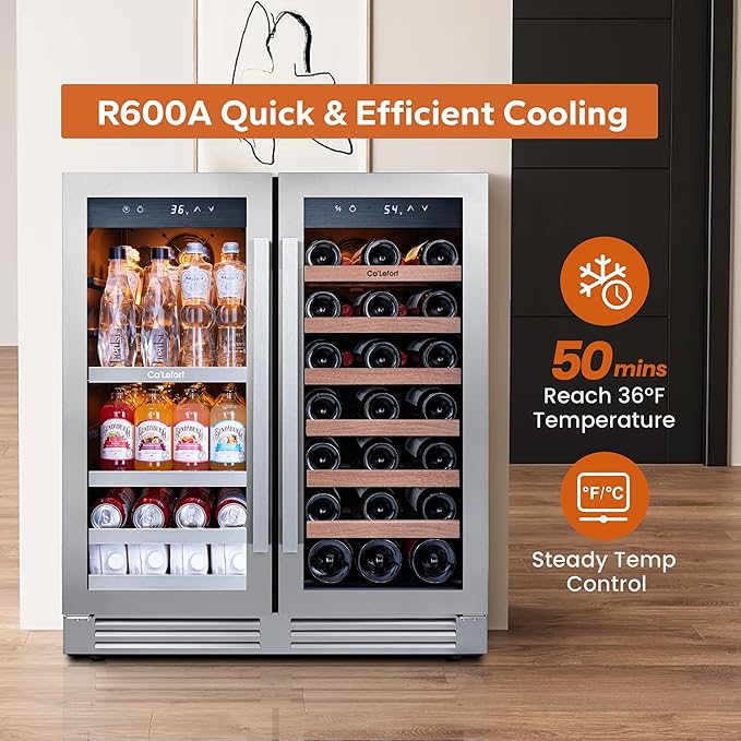 Ca'Lefort 30 Inch Wine and Beverage Refrigerator, 80 Can and 33 Bottle Wine Fridge Dual Zone 36-72°F, 3 LED Beverage Fridge Built in or Freestanding, Perfect for Home/Kitchen(6.00 cu.ft)