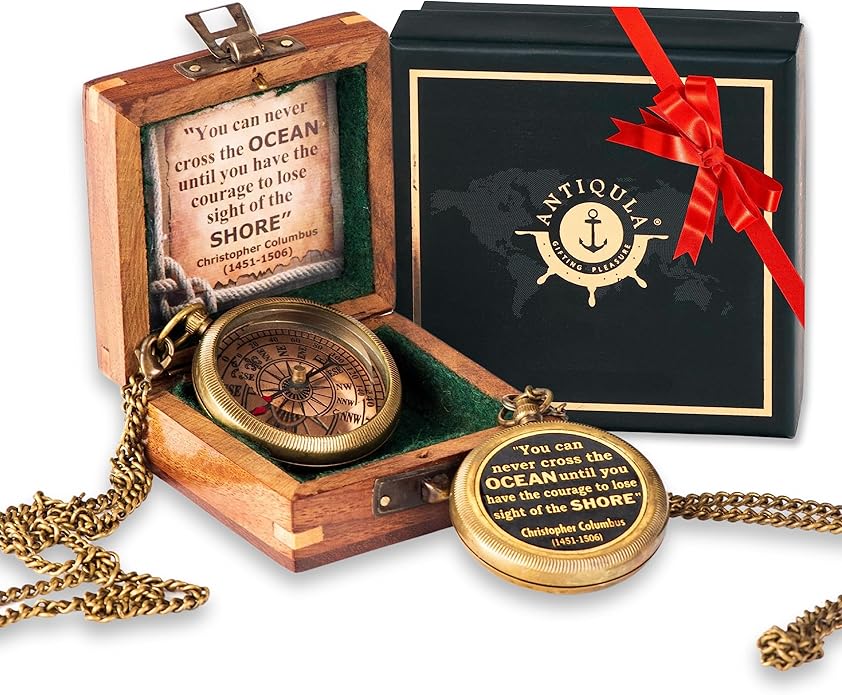 Brass Compass with Wooden Box - Graduation Gifts, Pirate Accessories & Baptism Gift For Boys, Steampunk Travel Decor Compasses For Missionary, Inspirational and Sentimental Compass