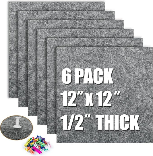 AKTOP Cork Bulletin Board 12x12, 1/2" Thick Felt Cork Board Tiles 6 Pack, Small Square Pin Board for Wall, Self Adhesive Corkboards with 60 Push Pin Wood Clips for School, Home & Office, Grey