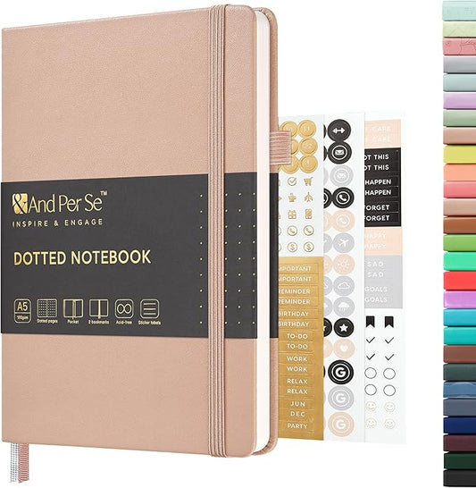 &And Per Se Dotted Journal Notebook, A5 Hardcover Leather Bullet Dotted Journal, 160 Pages 100 gsm Thick Dotted Paper，3 Sheets of Stickers Included - 5.7'' x 8''（Apricot）