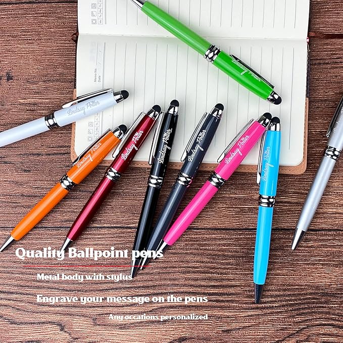 Ancolo Personalized Ballpoint Pens with Stylus - Engraved with Your Message Name/Phone Number Metal Body Black ink Gift for Bank, Office, Hotel Lobbies, Groomsmen Gift 10 Pens/Box