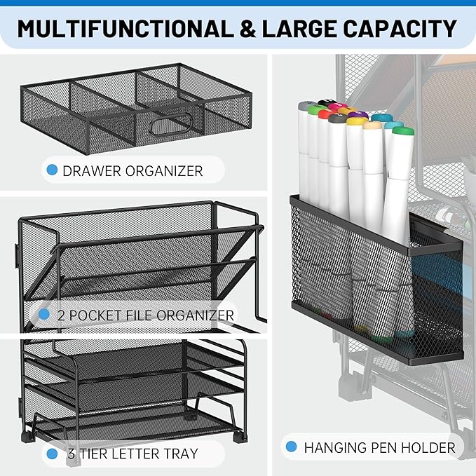 5 Tier Desk Organizer with Drawer & Pen Holders, Desk File Organizer Letter Tray Paper Organizer, Black