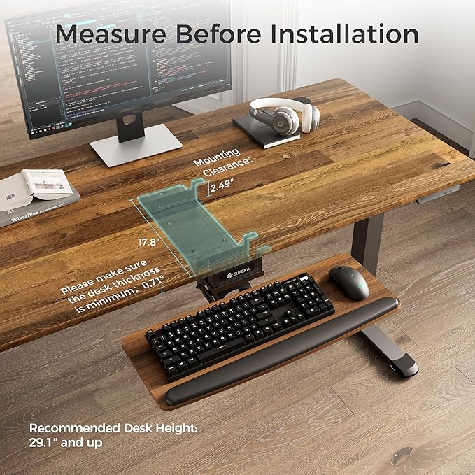 EUREKA ERGONOMIC Keyboard Tray Height Adjustable, Swivel Tilt Computer Keyboard Drawer Under Desk, 25x9.13'' Sliding Keyboard & Mouse Platform with Mouse Pad for Typing, Walnut