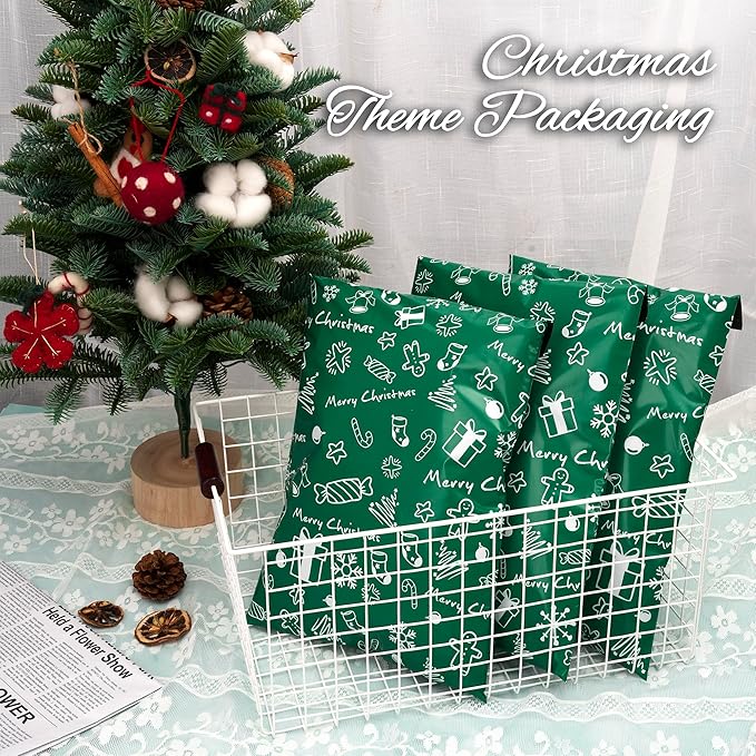 Christmas Poly Mailer - 6x9 Inch, 100 Pcs Waterproof Tear-Resistant Mailer Bags with Self-Seal - Green Merry Christmas