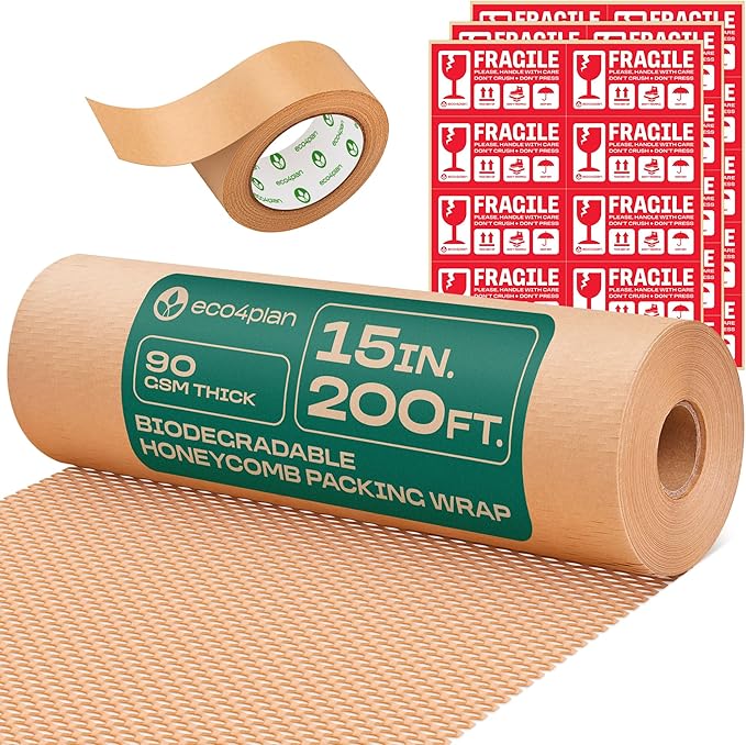 Honeycomb Packing Paper | Extra Thick 90 GSM Packing Wrap | Biodegradable Packing Materials: 15” x 200’ Moving Paper + 195’ Cellulose Adhesive Tape + 30 Fragile Stickers | Paper Bubble Wrap
