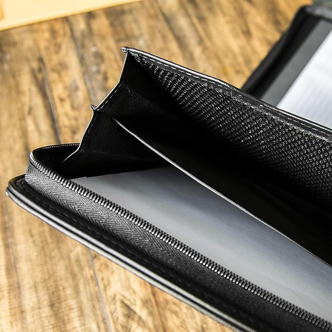 Cossini Black Superior Vegan Leather Business Portfolio with Zipper – Padfolio All-in-One. Smartest Protective 10.1 Inch Tablet Sleeve, Presentation Slot, Solar Calculator, Card Storage, Writing Pad