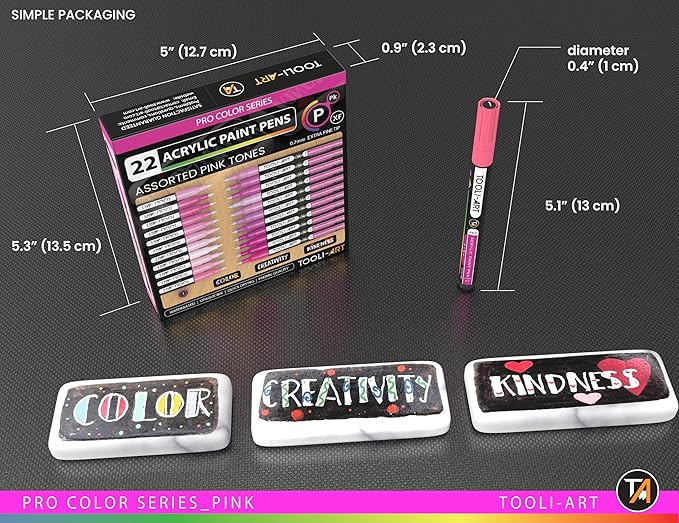 Acrylic Paint Pens 22 Pink Tones Assorted Pro Color Series Markers Set 0.7mm Extra Fine Tip for Rock Painting, Glass, Mugs, Wood, Metal, Canvas, Projects, Non Toxic, Waterbased, Quick Drying