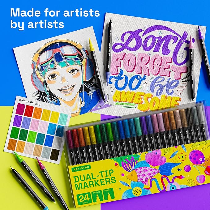 ARTISTRO 24 Brush Marker Pens Coloring Markers for Adults Brush Tip & 0.4mm Fineliner Pens Coloring Markers No Bleeding