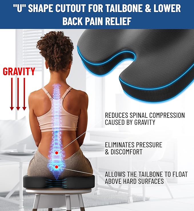 Everlasting Comfort Doctor Recommended Memory Foam Seat Cushion for Office Chairs & Car Seat - Ergonomic Office Desk Accessories for Tailbone Pain Relief, Sciatica & Back Support