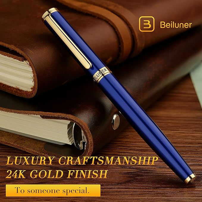 BEILUNER Blue Fountain Pen,Stunning Luxury Lacquer, 24K Gilded Nib(Fine),Gorgeous 24K Gold Accents, with Ink Converter,Fancy Gift for Men&Women-Smooth,Elegant,Graduation,Reliable,Nice Pens for Writing