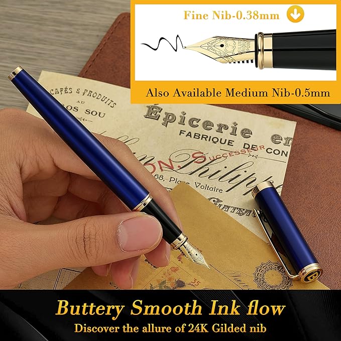 BEILUNER Blue Fountain Pen,Stunning Luxury Lacquer, 24K Gilded Nib(Fine),Gorgeous 24K Gold Accents, with Ink Converter,Fancy Gift for Men&Women-Smooth,Elegant,Graduation,Reliable,Nice Pens for Writing