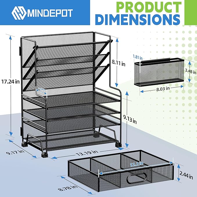 4-Tier Paper Organizer + 3-Pocket File Holder + Drawer + Pen Holders, Desktop File Organizers Paper Tray for Office Accessories School Classroom Organization (Black)