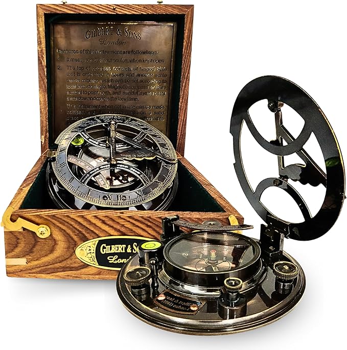Brass Sundial - 5 inches Large Sundial Compass in Rosewood Case Top Grade Calibrated Vintage Gift